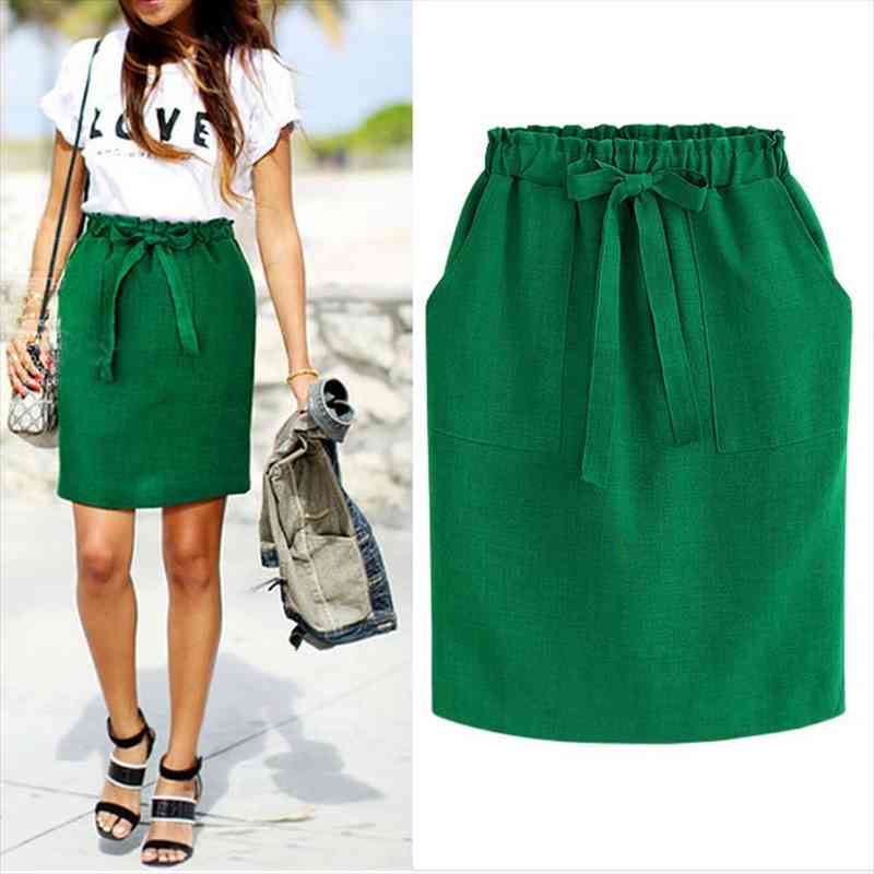 

summer autumn elegant midi office women skirt pencil cotton elastic waist package hip bow green, Black