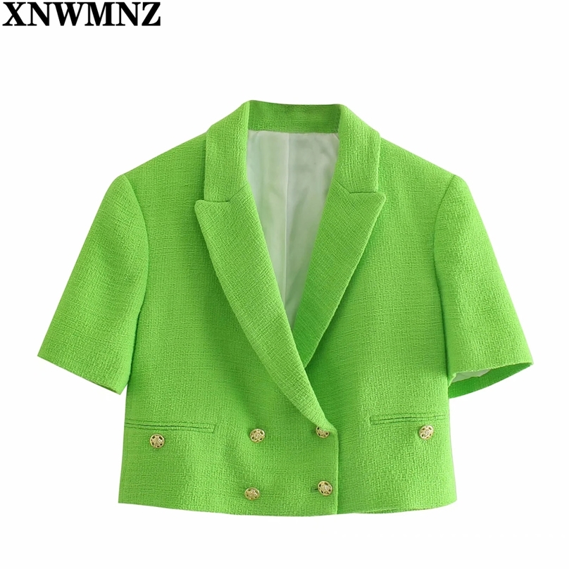 

Women top Green Fashion textured cropped blazer Female lapel collar short sleeve double-breasted coat Chic tops 210520