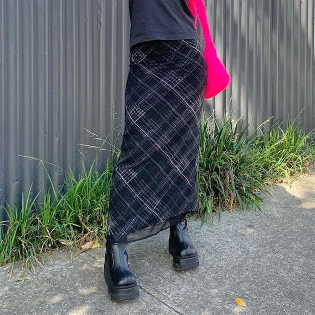 

plaid printing midi women skirt mesh hip wrapped summer fasion high waist sheath long skirts dropshipping, Black