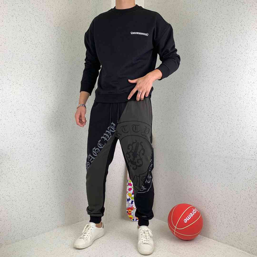 

Autumn and Ch Winter Fashion Croxinwei Pants Cross Casual Men's Sanskrit Contrast Stitching Legged Sports Pants, Black