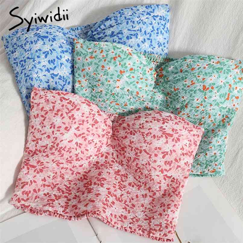 

Floral Print Tube Top Women Sexy Back Elastic Backless Folds Summer Korean Fashion Short Tank Tops Pink Blue Green 210607