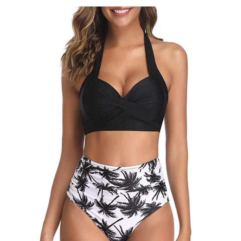 

Women' Swimwear 2021 Swimsuit High Waist Split Sexy Printed Strappy Bikini String Swimming Suit For Women, Black