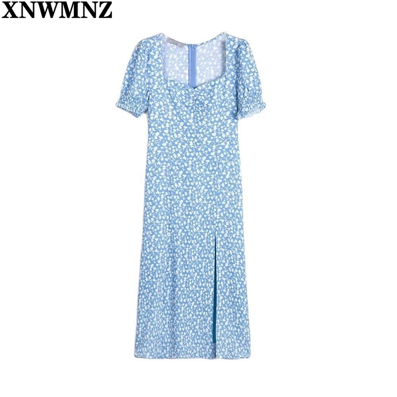 

French Romance Retro Summer Dress Women Casual Floral Print Square Collar Ruffles Puff Sleeve Midi Dresses Lady Vestidos 210520, Blue