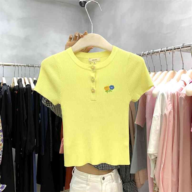 

Flower button round neck embroidery thread short ice silk knit short-sleeved women's T-shirt summer top clothing 210520, White