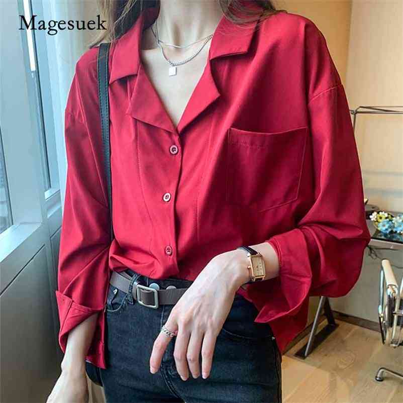 

Autumn Red Chiffon Long Sleeve Office Lady Women' Blouse Professional Notched Collar Loose Cardigan Shirt Blusas 10692 210518