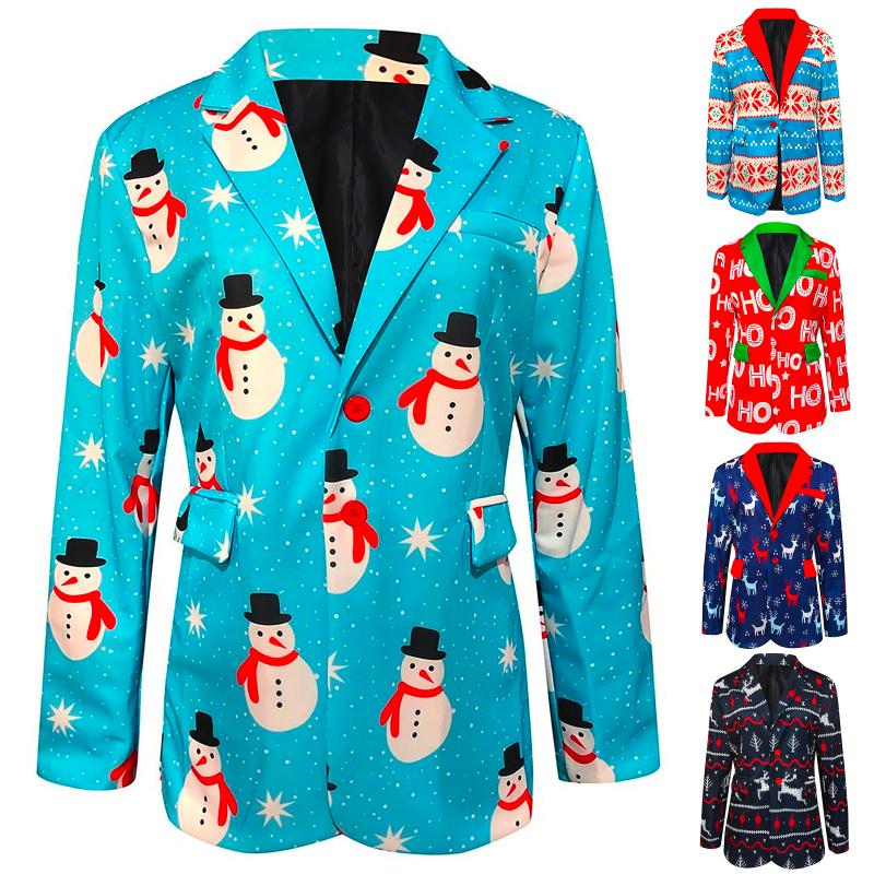 

Men's Jackets Mens Blazers Christmas Printing Santa Snowman Suit Jacket Outwear Turn-down Collar Coat Performance Costume Casual, Black