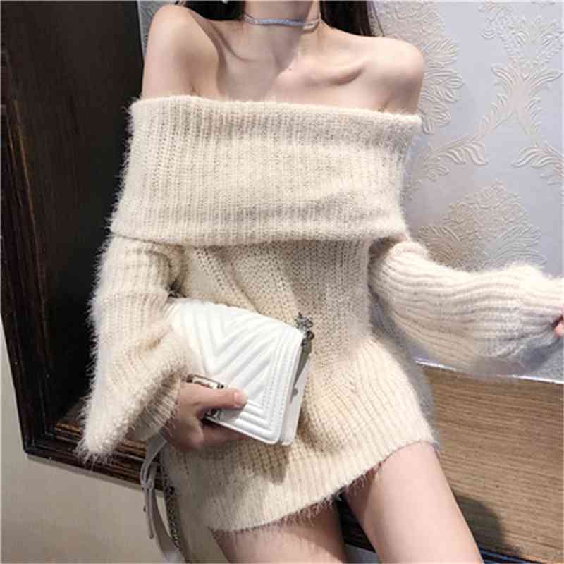 

Women's Sweaters Nova malhas femininas outono e inverno novo solto ajuste pulôver com decote em v superior engrossado fora do ombro camisola ZQ1T, 1# shoe box