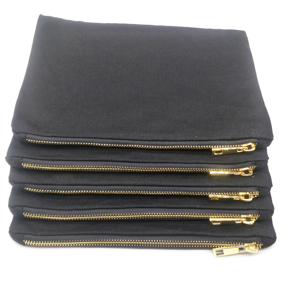 

7x10in black cotton canvas makeup bag for DIY printing black canvas cosmetic bag with black lining gold zip directly from factory in stock