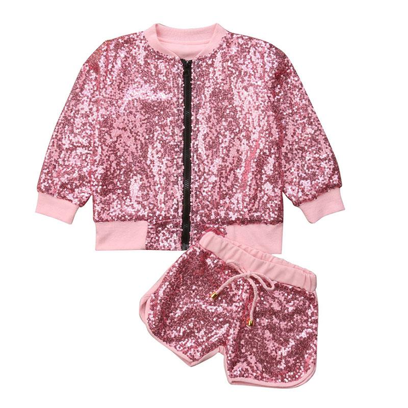 

Clothing Sets Little Baby Girl Boy Sequins Kids Street Dance Bling Coat Jacket Tops+Shorts Outfits Zipper Sweatshirt For Girls 4T, White