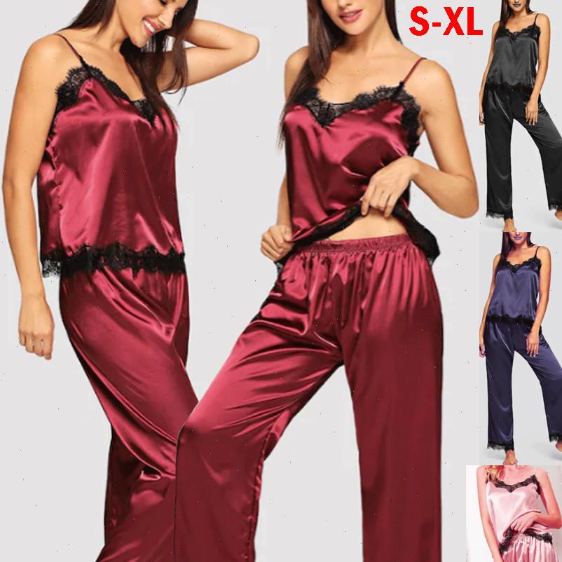 

fashion elegant silk satin womens sleepwears babydoll lingerie nightwear long pyjamas set casual, Black;red