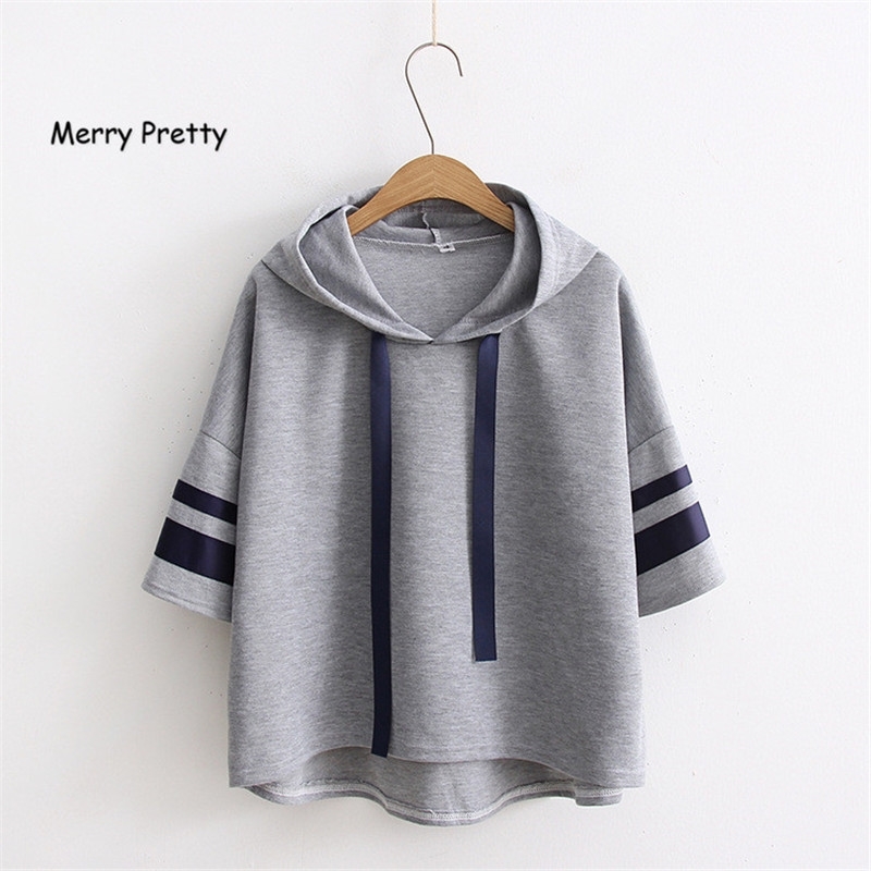 

Your Own Design Costomised Women Hooded Sweatershirts Striped Sleeve Fashion Tops Solid Short Pullover Tracksuits 210526, Gray