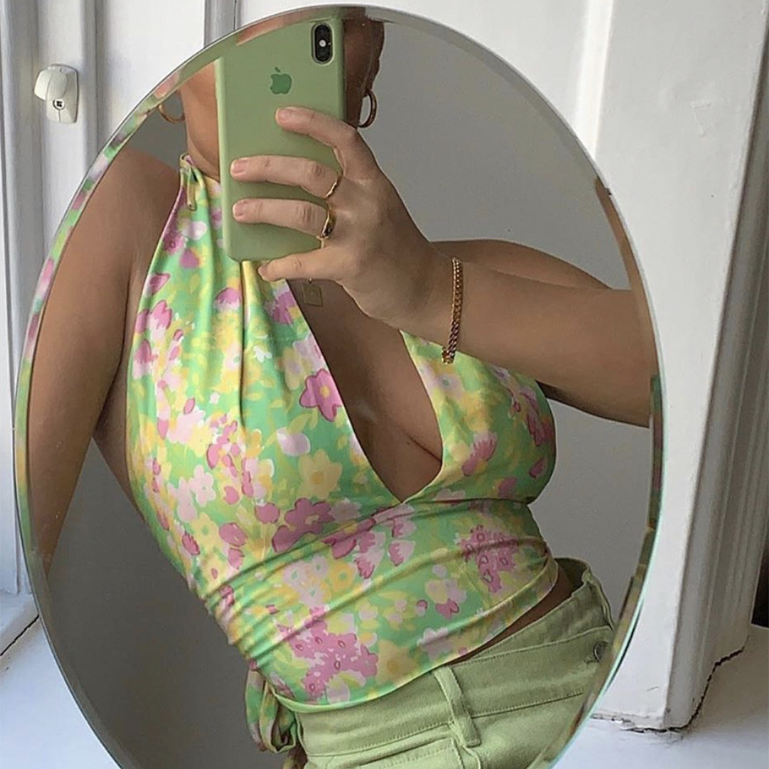 

Y2k Floral Print Crop Top Summer 2021 Cottagecore Aesthetic Clothes Sexy V Cut Halter Backless Tank Tops N54-BE10, White