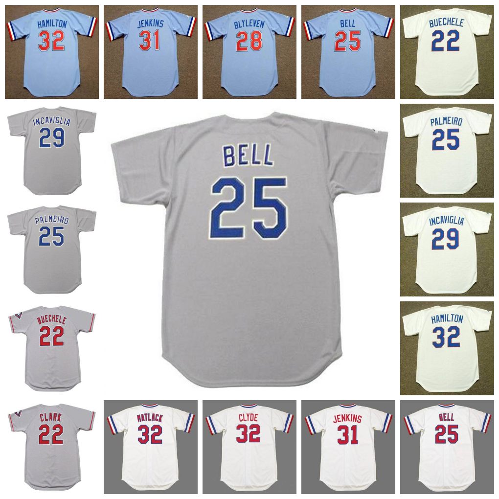 

Texas Vintage Baseball Jersey 22 STEVE BUECHELE 1988 WILL CLARK 1996 25 BUDDY BELL 1981 PALMEIRO BLYLEVEN INCAVIGLIA FERGUSON 1974 CLYDE MATLACK HAMILTON 1980's, 32 jon matlack 1982 white