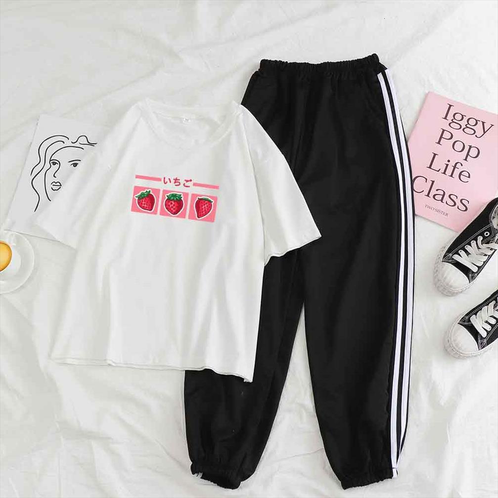 

japanese style suit cute strawberry womens pants milk cartoon t shirt kawaii summer short sleeve sweatpants women set oversize tee, White
