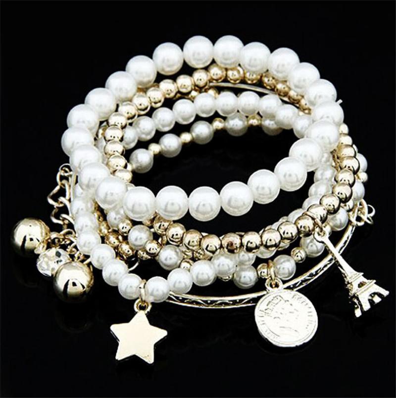 

Bangle Multi- Eiffel Tower Pearl Retro Bracelet Six-piece Coin Set Jewelry Multilayer Elastic