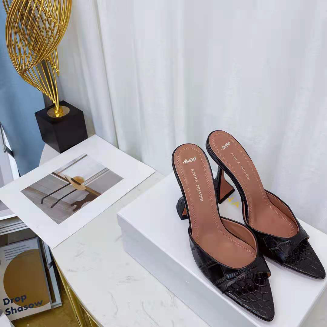 

Black Amina Shoes Muaddi Slippers Lupita Croc-Embossed Leather Mules AWGE