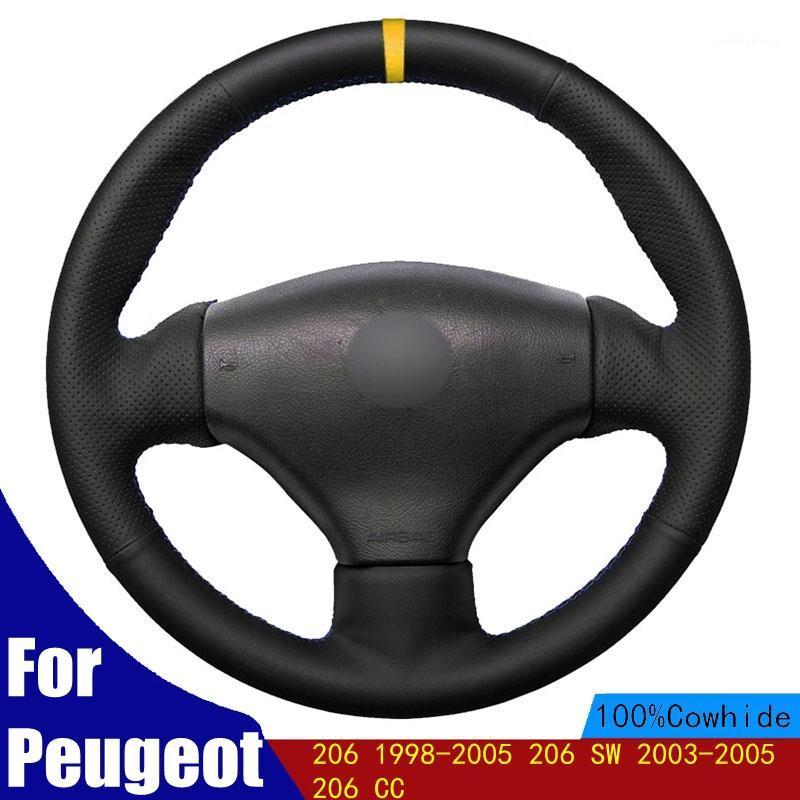 

Steering Wheel Covers Car Cover Yellow Marker Black Genuine Leather For 206 1998-2005 SW 2003-2005 CC
