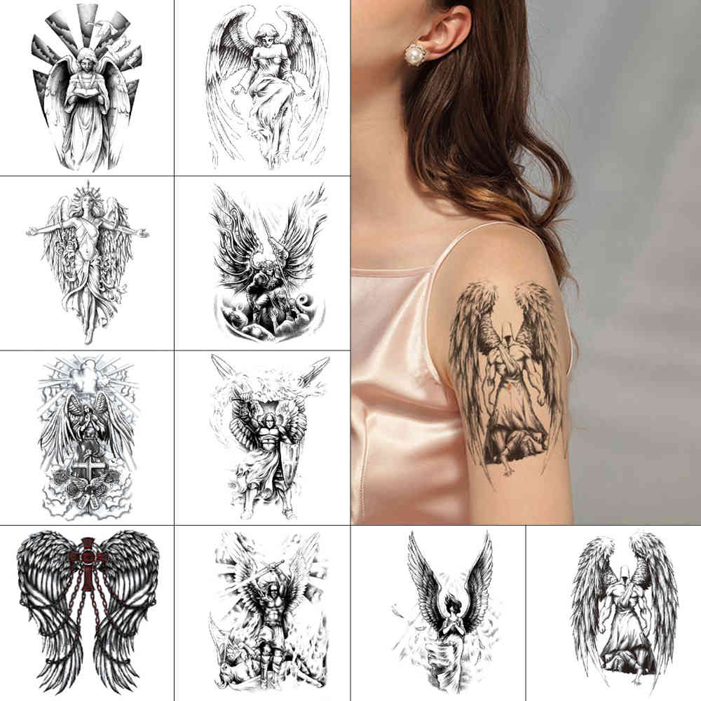 

Black Ink temporary stickers Waterproof Angel wings demon Body art tattoo jesus Fake light for men women