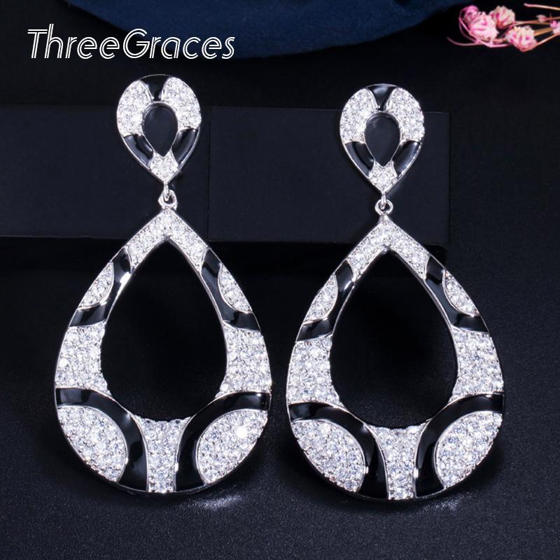 

Dangle & Chandelier ThreeGraces Fashion Brand Mirco Pave Cubic Zirconia Black Enamel Large Long Drop Earrings For Women Jewelry Gift ER314, Silver