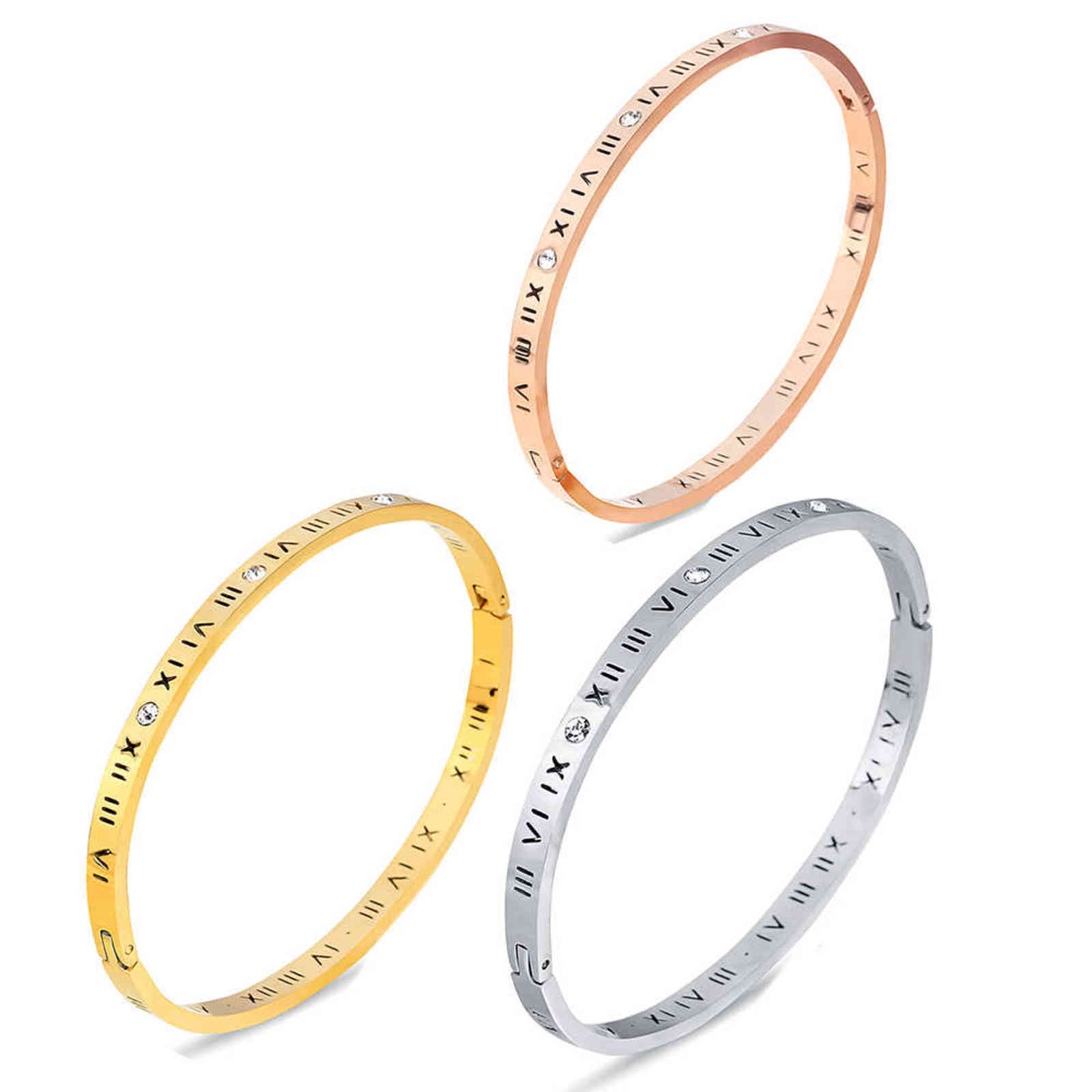 

Wholesale High Quality Three Color Letter Crystal Bracelets Bangles Stainless Steel Jewelry for Women & Man