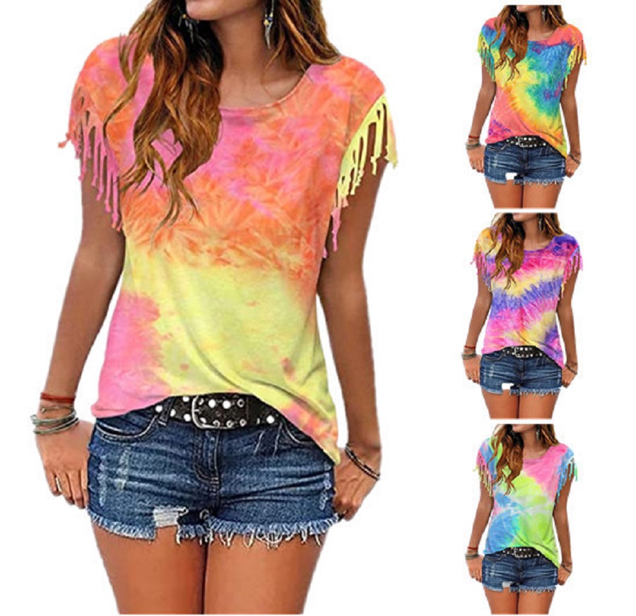 

LXY0518 Summer Women Clothing Short Sleeve Tops Plus Size Tie-dye Tassels Round Collar Tees Girls Streetwear Casual Loose T-shirts Pullovers