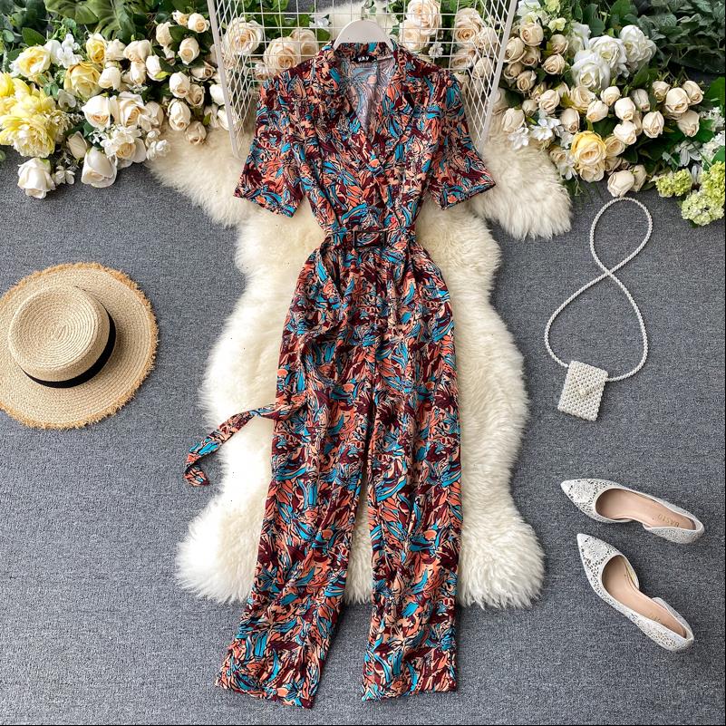 

womens jumpsuits vintage notched neck rompers slim floral print summer full length bandage jumpsuit women elegant office playsuit tie romper, Black;white