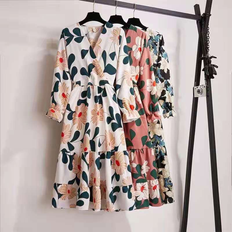 

Autumn elegant women casual mid dresses floral printing fabric V-neck fashion A-line style fashional design, Black;gray