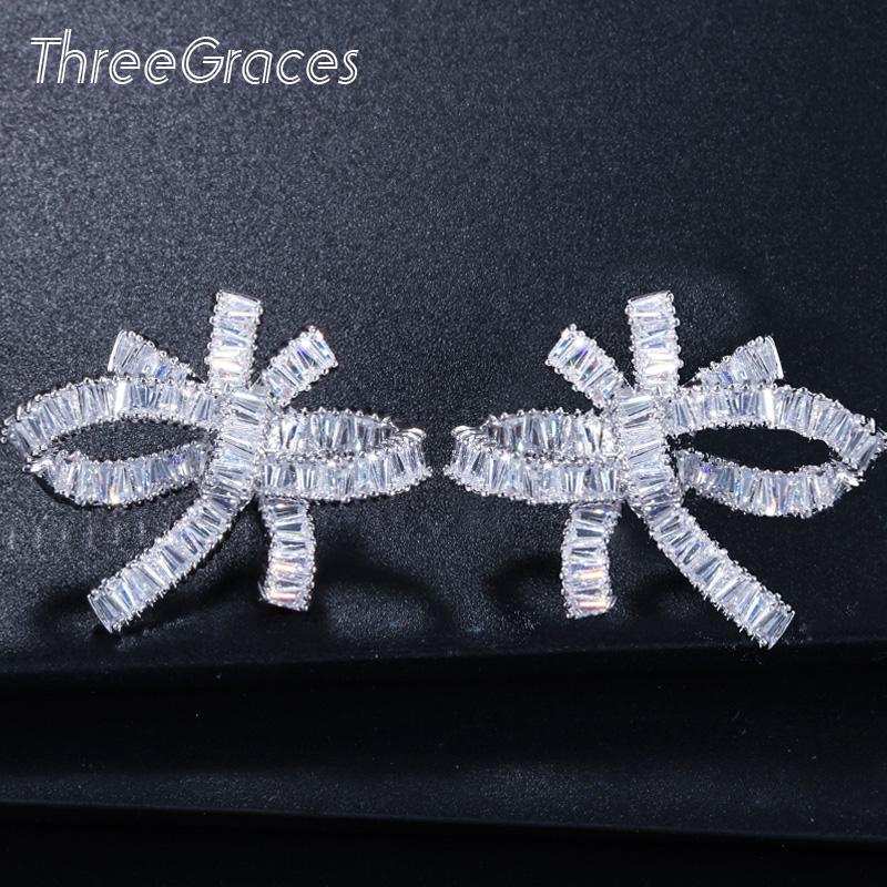 

Stud ThreeGraces Exquisite Bowknot Shape Cubic Zirconia Crystal Big Geometric Earrings White Gold Color Jewelry For Women ER187, Golden;silver