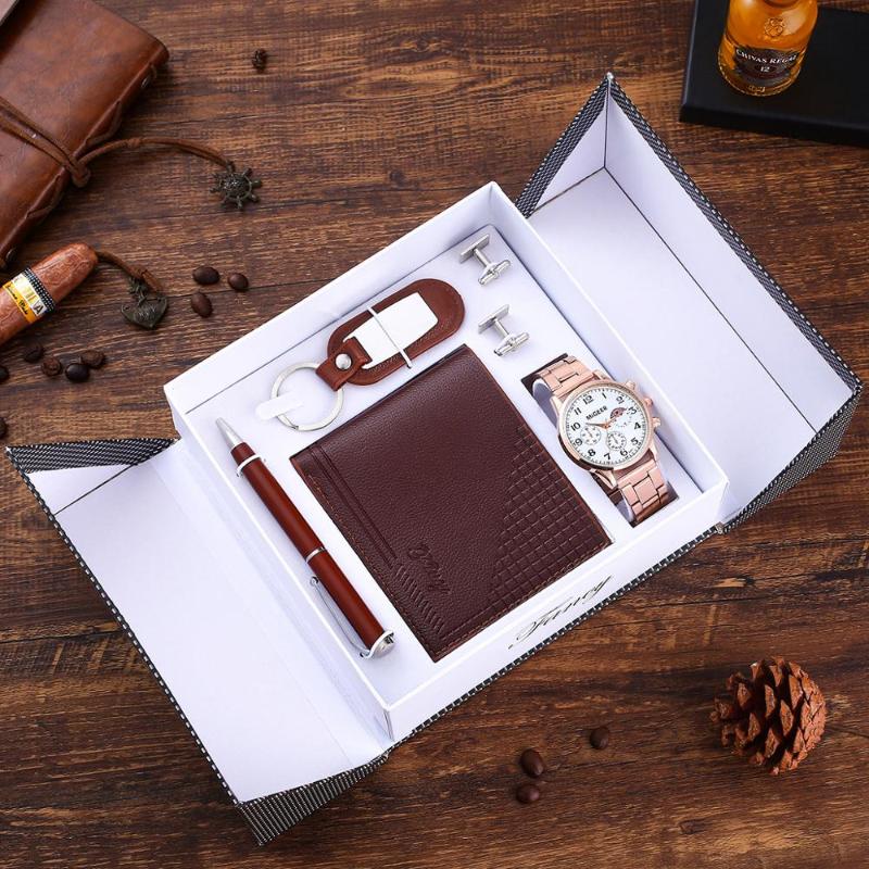 

Wristwatches 5pes/Set Men's Gift Set Beautifully Packaged Watch Cufflink Wallet Pen Keychain Business Casual For Father Boy Friend, Brown set