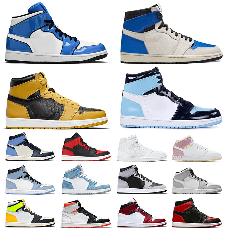 

Authentic Basketball Shoes Jumpman 1 1s For Mens Sports Sneakers Bred Patent High University Blue Mid Banned Grey White Off Obsidian Twist UNC Men Women Trainers, A34 36-46 mid chicago