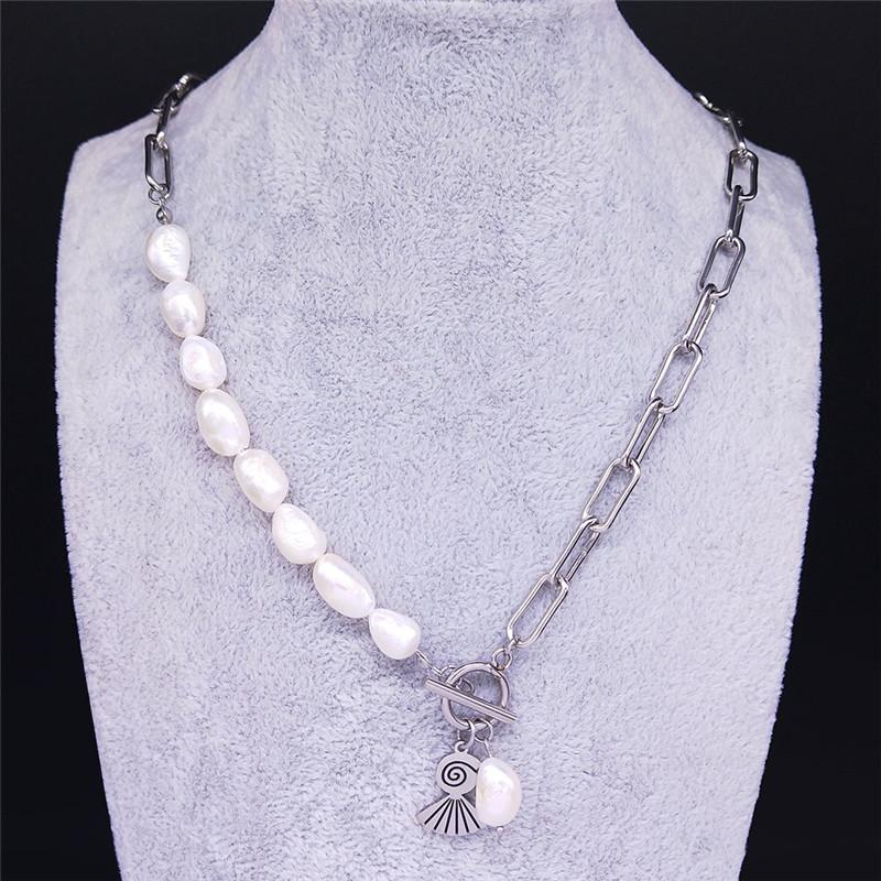 

Pendant Necklaces 2021 Vacation Beach Shell Stainless Steel Freshwater Pearls Silver Color Statement Necklace Women Jewelry Bijoux Femme N37