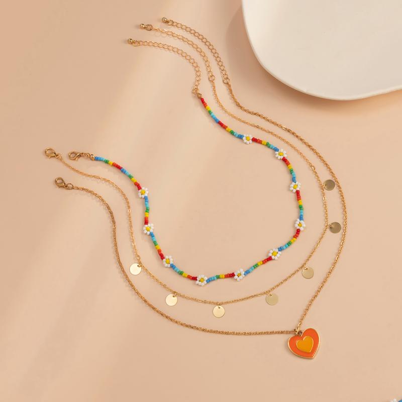 

Pendant Necklaces Y2K Layered Chain With Heart Necklace For Women Boho Colorful Bead Flower Short Choker Set 2021 Fashion Jewelry