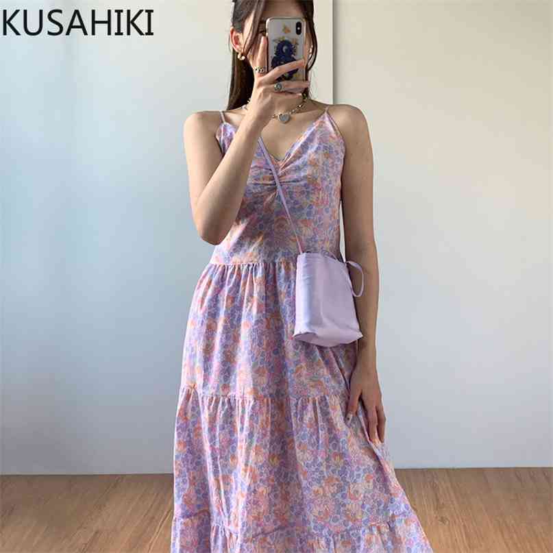 

Korean Chic Summer Floral Sling Dress High Waist A-line Spaghetti Strap Dresses Causal V-neck Sleeveless Vestidos 6J365 210603, Purple