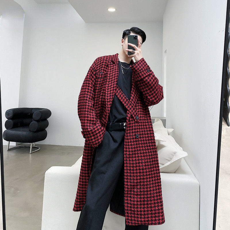 

New autumn witner classic bright silk plaid pattern mid length woolen overcoat for men double breasted thick clothes, Black