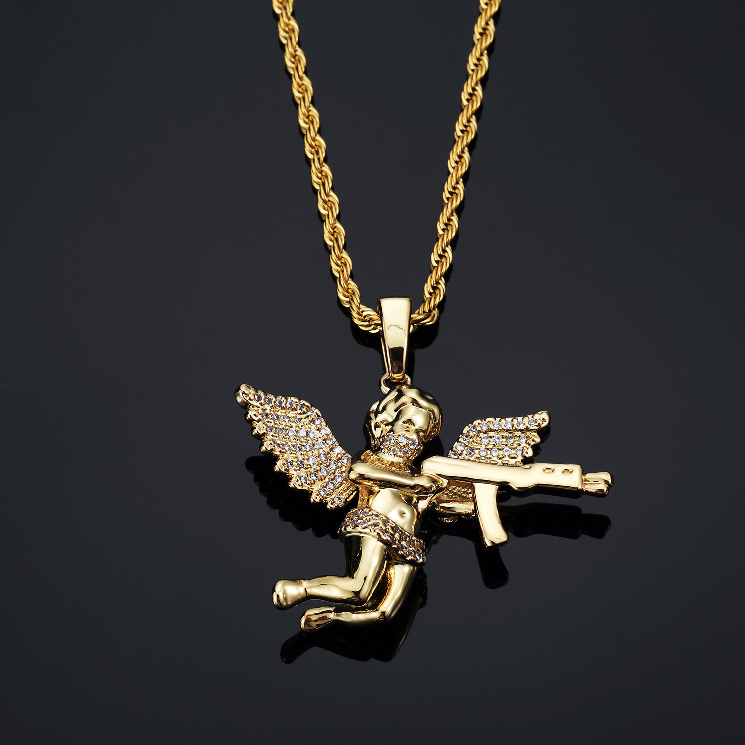 

Top Quality Hot Jewelry Zircon Gold/Silver Cute Angel Baby With Gun Pendant Necklace Stainless Rope Chain for Men Women