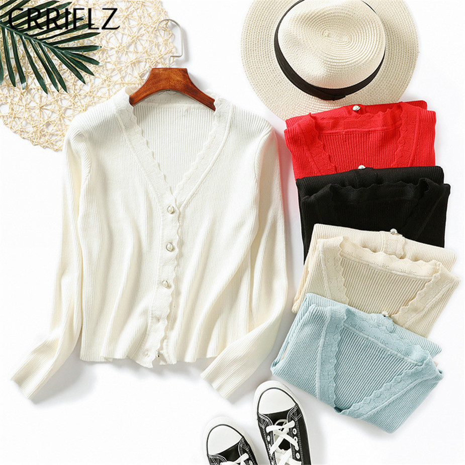 

autumn and winter women' long-sleeved slim-fit sweater wave V-neck cardigan solid color women 210520, Apricot