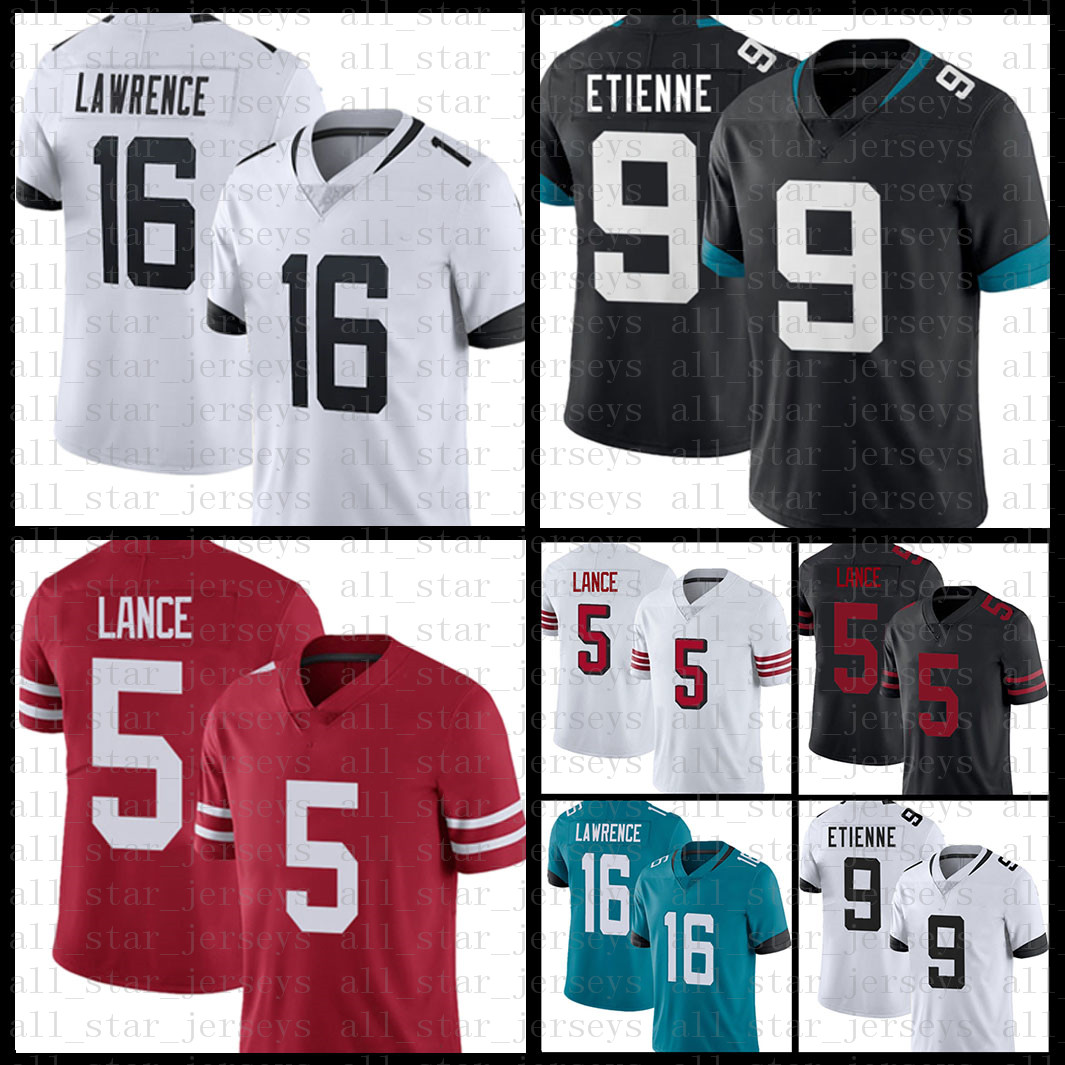 

American football jersey Jacksonville Jaguar 16 Trevor Lawrence 9 Travis Etienne San Mens Francisco 49ers 2021 5 Trey Lance 1 Za, Black;red