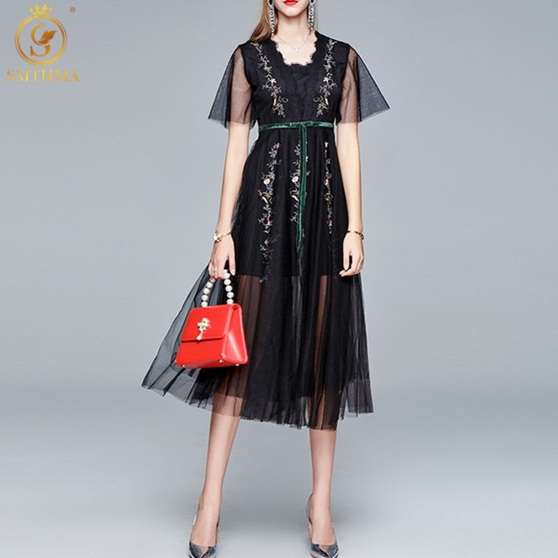 

Summer Party Dress Black Mesh Embroidery Long Women Short Sleeve Vintage Elegant Bow Vestidos 210520, Photo color