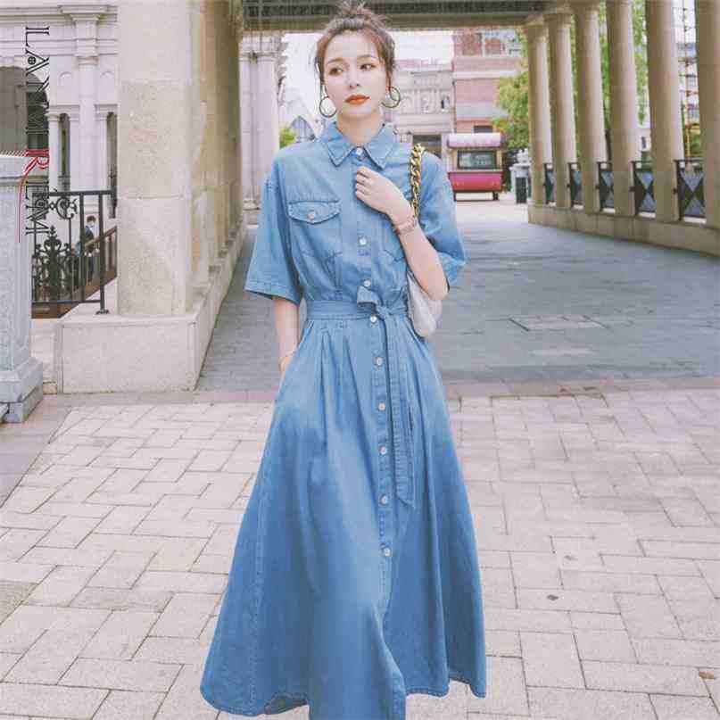 

Blue Denim Dress Women' Single Breasted Simple Jeans Dresses With Belt Female Summer Fashion Streetwear 2D1702 210526, Denim blue