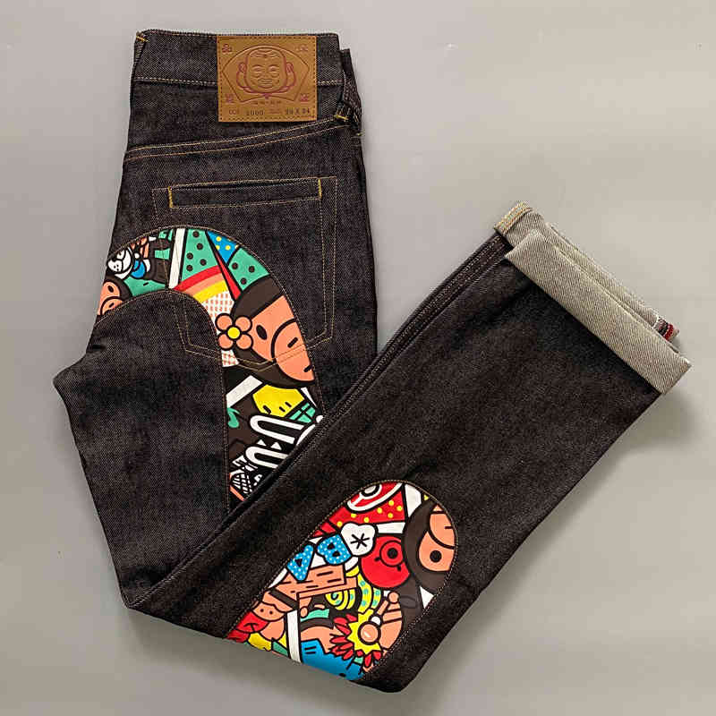 

jeans men's straight tube brand Chaofushen  cartoon printed big white cherry blossom Koi national Chaozhou original size pants, Blue