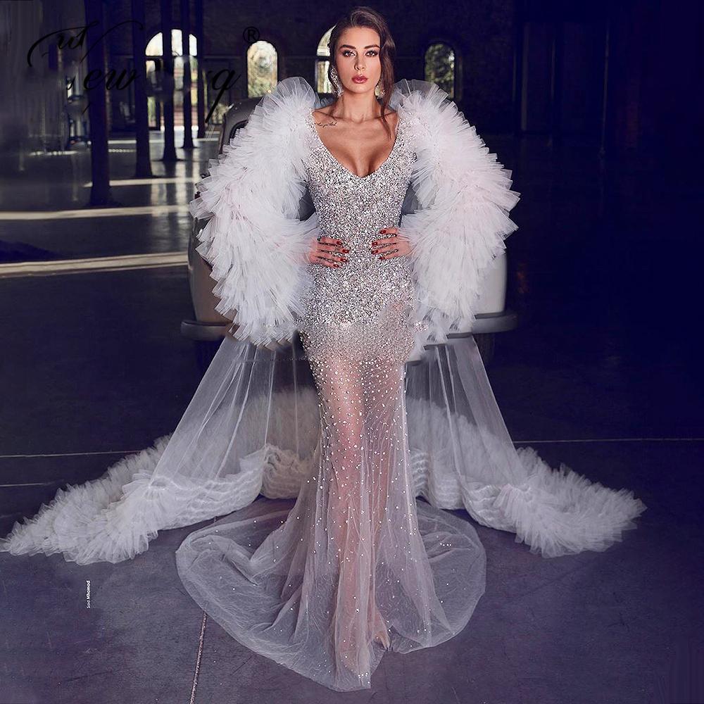 Major Beading Mermaid Evening Dresses With Cape Luxury Puffy Long Sleeves Tulle Court Train Prom Gown Party Formal Two Pieces Dress Robe de soire-image-723495519