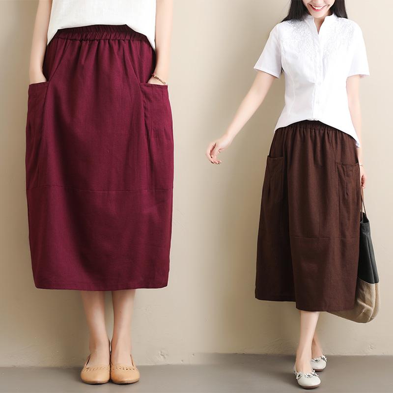 

Skirts Skirt Women 2021 Spring Summer Casual High Waist Pockets Female Vintage Linen A-Line, Coffee color