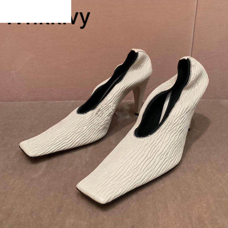 

Sandals Wrinkled shoes women spike high heels slip on square toe runway pumps gold black single dress party for ladies PH53, White