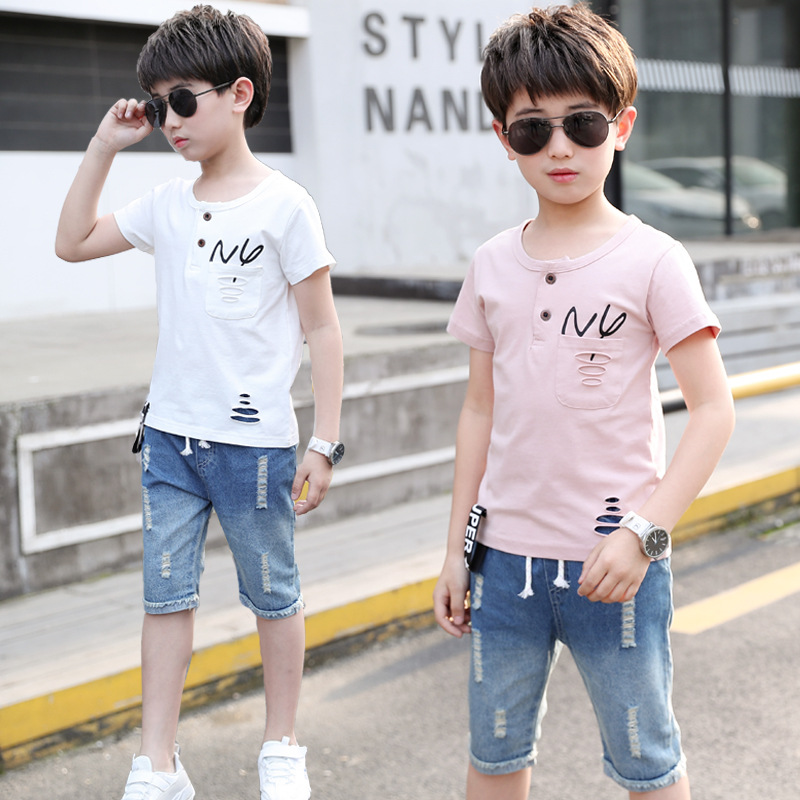 

Boys Clothes Summer 2019 Cotton Short Sleeve Tshirt & hole Blue Jeans Pants 2 Pcs Children Clothes Set Fashion Kids Clothing, White