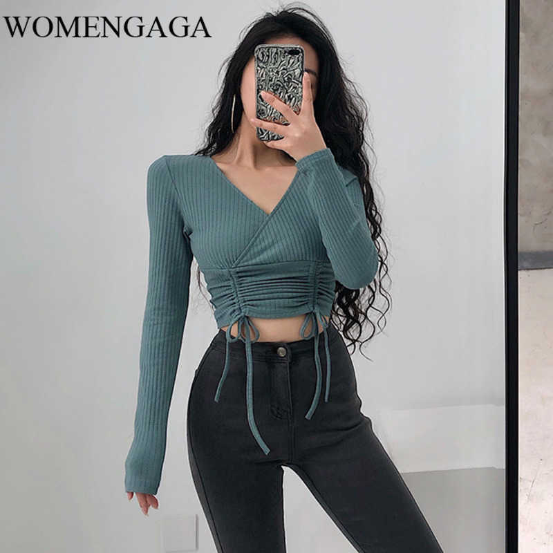 

Summer Knitting Elasticity Sexy V-neck Long Sleeve Shirt Drawstring Tops Blouse Girl Female Womens V0QE 210603, Red