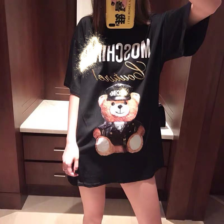 

Brand Summer Little Bear Printing Women's T-Shirt Short Sleeve Man T-shirt Loose Pure Cotton Half Mid-length Coat white black SIZE XS-4XL