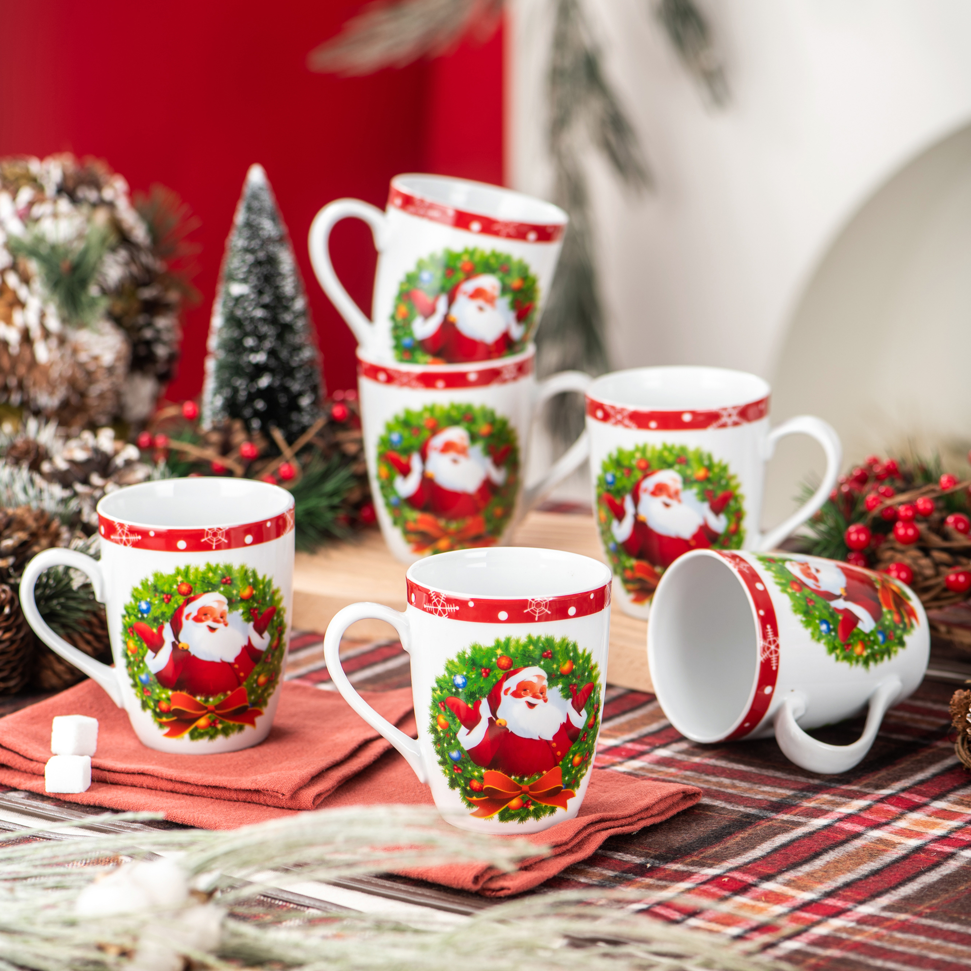 

VEWEET SANTACLAUS 6-Piece Christmas Pattern Porcelain Tea Coffee Mug Cup Set Family Office Festival Party Gift