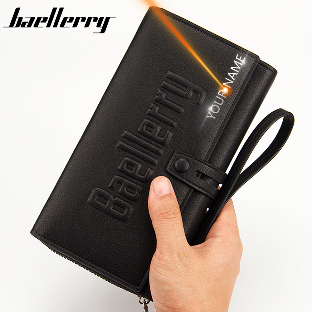 

Men Engraving Zipper Large Capacity Business Solid Clutch Carteria Wallets, Coffee