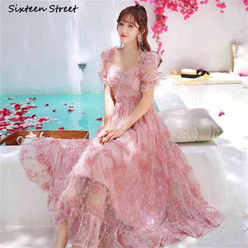 

Summer Beach Elegant Pink Dresses for Woman Square Collar High Waist Maxi Party Clothing Vintage Evening Lace 210603, Clear