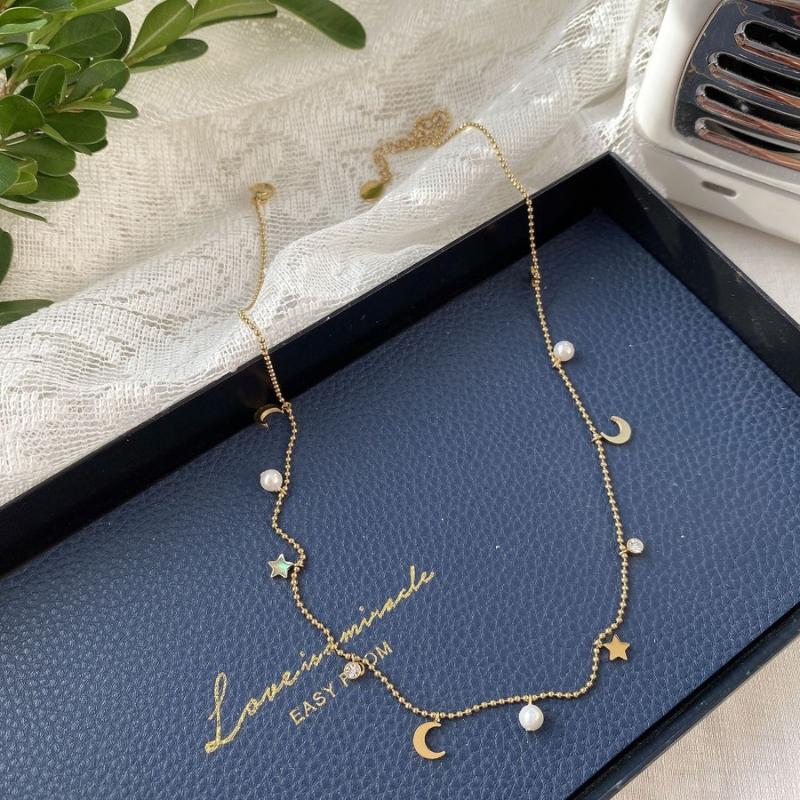 

Chains Fashion Stars Moon Pendant 925 Silver Necklace Collar For Women Pearl Jewelry Korean Style Beads Clavicle Chain Choker